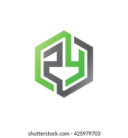 ZY initial letters looping linked hexagon logo black gray green