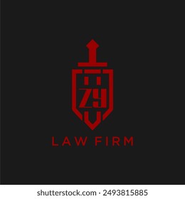 Monograma inicial ZY para bufete de abogados con Imagen de espada y escudo