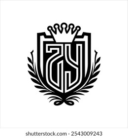 ZY Carta logotipo heráldica forma do escudo com coroa, vintage escudo sobre fundo branco modelo design