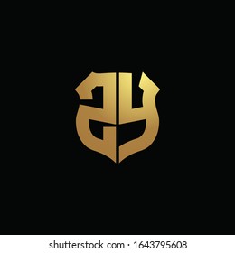 Monograma del logotipo ZY con colores dorados y plantilla de diseño de forma de escudo