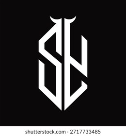 ZY Logo monograma con forma de cuerno aislado Plantilla de diseño en blanco y negro sobre fondo negro