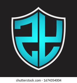 Monograma del logotipo ZY con forma de escudo color azul aislado en la plantilla de diseño de esquema