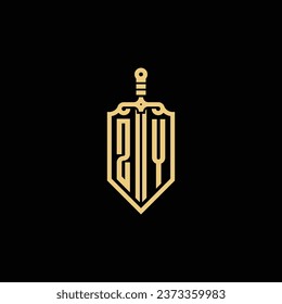 El escudo vintage de ZY y el logotipo inicial de la espada en un diseño profesional de alta calidad que se imprimirán en cualquier medio impreso