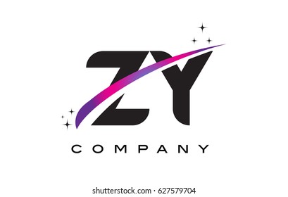 ZY Z Y Black Letter Logo Design with Purple Magenta Swoosh and Stars.