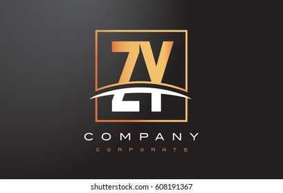 ZY Z Y Golden Letter Logo Design with Swoosh and Rectangle Square Box Vector Design.