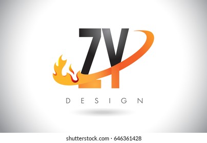 ZY Z Y Letter Logo Design with Fire Flames and Orange Swoosh Vector Illustration.