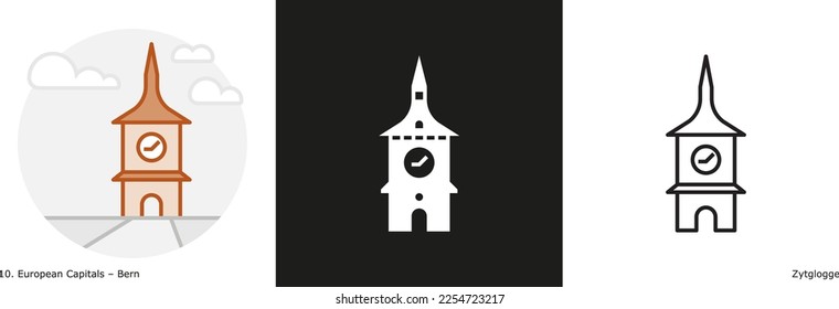 Zytglogge clock tower filled outline and glyph icon. Landmark building of Bern, the capital city of Switzerland.
