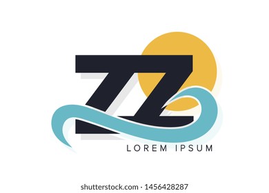 ZZ letter logo with ocean waves and sunset. Beach concept design