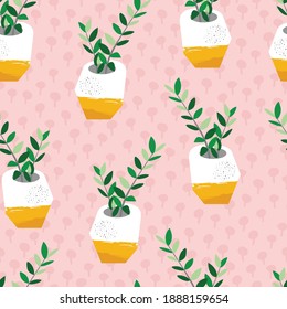 ZZ Plant in Geometric ceramic Pot Vector Seamless Pattern