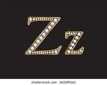 Zz in stunning diamond precious round jewels set into a 2-level gold gradient channel setting, isolated on black. Vector EPS-10 file, transparency used. 