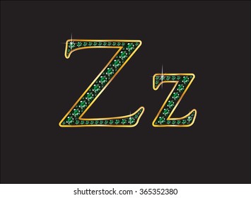 Zz in stunning emerald precious round jewels set into a 2-level gold gradient channel setting, isolated on black. Vector EPS-10 file, transparency used. 