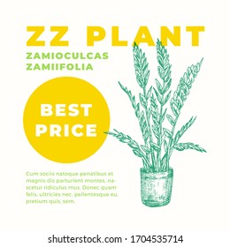 ZZ or Zuzu Plant Abstract Vector Sign or Label Template. Hand Drawn Potted Zamioculcas Sillhouette with Modern Typography Home Gardening Card. Houseplant Advertising Emblem or Package Label. Isolated.