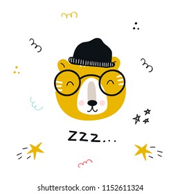 Zzz - Baby illustration of a cute tiger face with glasses and hat in scandinavian style. Kids vector illustration.