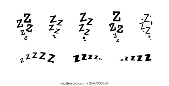 Zzz cama sueño ronquido iconos dormitar siesta Z sonido . Despertador del sueño del bostezo o del insomnio del sueño Zzz line iconos de buenas noches de sueño profundo, aburrido o cansado