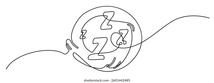 Zzz continuous thin line icon, one line art snoring symbol, minimalist zzzz outline drawing, single monoline snore sign, linear sleep sound vector illustration