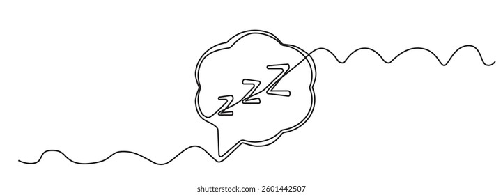 Zzz continuous thin line icon, one line art snoring symbol, minimalist zzzz outline drawing, single monoline snore sign, linear sleep sound vector illustration