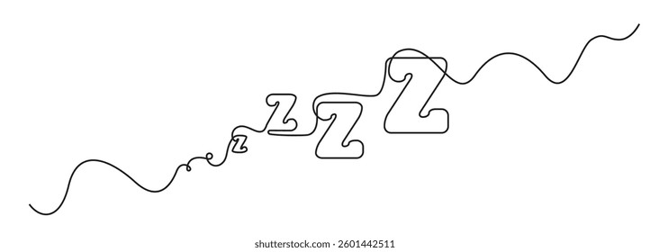 Zzz continuous thin line icon, one line art snoring symbol, minimalist zzzz outline drawing, single monoline snore sign, linear sleep sound vector illustration