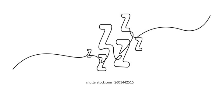 Zzz continuous thin line icon, one line art snoring symbol, minimalist zzzz outline drawing, single monoline snore sign, linear sleep sound vector illustration