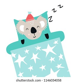 Zzz - Cute hand drawn nursery poster with sleeping koala in bed. Vector illustration in scandinavian style.