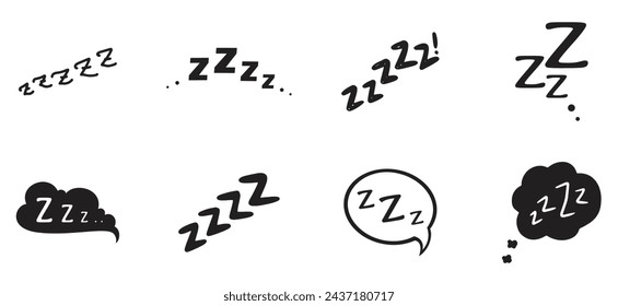 Zzz, Doodle Bett Schlaf und Schnarchen Icons von Snooze Nap Vector Z Sound Icons. Schlafende Wolkenblasen und Kissen von Schläfer oder Wecker Zzz Doodle Symbole für guten Schlaf und Schlummerausdruck
