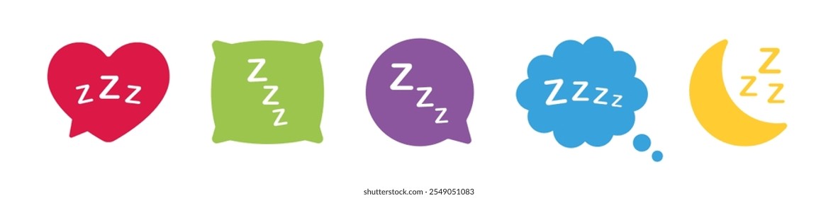 Conjunto de iconos de sueño Zzz. Burbujas de discurso de cartón durmiente. Noche zzz Botones de nubes aislados sobre fondo blanco. Ilustración vectorial.