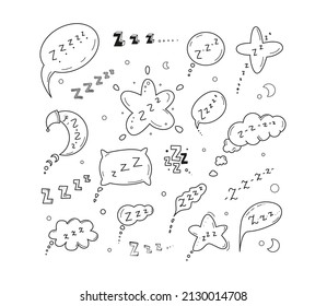 Zzz sleep night doodle icons set. Cute hand drawn sleepy symbol illustrations in sketchy comic style. Vector line art asleep signs isolated on white background