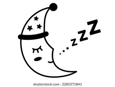 Zzz sleep snore with crescent moon vector icon. Night sleepy noise sound with cute sleeping character illustration. Black sign isolated on white background.