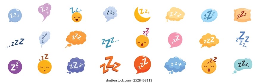 Zzz sleep snore icons set. Various designs of emojis and speech bubbles showing zzz text representing sleep