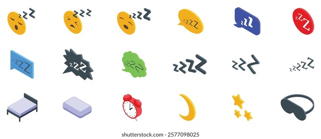  Zzz sleep snore icons set. Isometric icons representing sleep, including emojis, alarm clock, bed, pillow, sleep mask, moon and stars