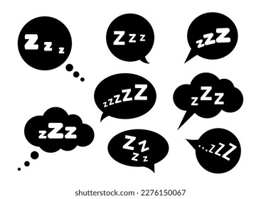 Zzz sleep snore text in black speech bubbles vector icon set. Night sleepy talk sound collection illustration. Black phone mode signs isolated on white background.