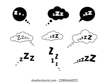 Zzz schlafen Schnurrungstext in Sprachblasen Vektorsymbol Set. Nachtschläfrige Soundkollektion Illustration. Schwarze Schilder einzeln auf weißem Hintergrund.