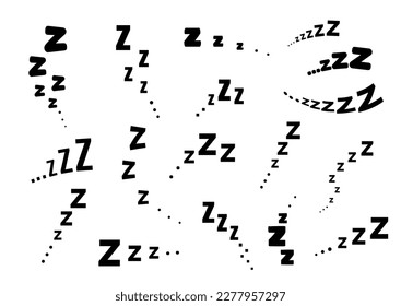 Juego de iconos de vectores de texto de zz sleep snore. Ilustración de la colección de sonido de sueño nocturno. Señales negras aisladas en el fondo blanco.