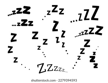 Juego de iconos de vectores de texto de zz sleep snore. Ilustración de la colección de sonido de sueño nocturno. Señales negras aisladas en el fondo blanco.
