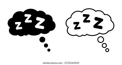 Conjunto de iconos de burbujas de pensamiento dormido ZZZ, ilustración mínima que muestra sueño y sueños, símbolos de estilo cómico simples para conceptos de descanso y relajación en el tiempo de siesta