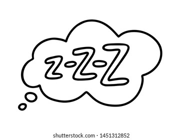 Z-z-z text on text bubble. Printable graphic tee. Design doodle for print. Vector illustration. Colorful tag. Zzz Cartoon hand drawn comic style. Icon for sleeping mode
