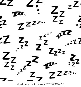 Zzz, zzzz bed sleep snore seamless pattern. Sleep, dream, nap or rest sound effects vector background with monochrome onomatopoeia signs of letter z. Snore or apnea sounds on white backdrop