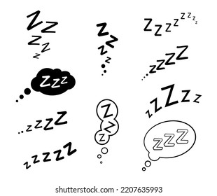 Zzz, zzzz bed sleep snore icons with vector doodle cloud bubbles. Isolated signs of sleep, nap, rest, relax, dream sound effects of sleeper. Apnea or snoring comic book speech balloons, onomatopoeia