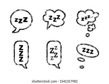 Zzz and Zzzz black sleeping text inside a speech bubble set on a white background, isolated vector illustration for snoring bed time or insomnia concepts in doodle style.