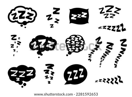 Zzz, Zzzz doodle bed sleep and snore icons of snooze nap vector Z sound icons. Sleeping cloud bubbles and pillows of sleeper or alarm clock Zzz doodle symbols for goodnight sleep and snooze expression