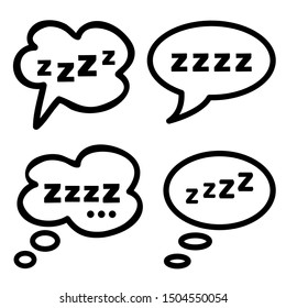 Zzzz black sleeping text set inside a speech bubble on a white background, isolated vector illustrations for snoring bed time or insomnia concepts in doodle style.