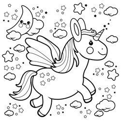 Cute Unicorn Flying In The Night Sky Coloring Book Page