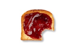 Take a bite toasted bread with homemade jam, isolated on a white. Top view macro photo.