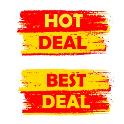 hot and best deal banners - text in yellow and red drawn labels, business commerce shopping concept, vector