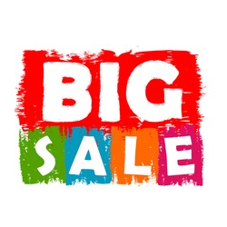big sale drawn label - text in red, green, blue, orange and purple banner, business shopping concept, vector