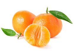 Tangerines or clementines with green leaf on white background