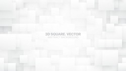 3D Vector Different Size Square Blocks Conceptual Technologic White Abstract Background. Tech Clear Blank Subtle Textured Backdrop. Science Technology Tetragonal Structure Light Wallpaper