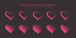 Stippling Pink Heart Shape Vector Set. Collection Of Different Dotted Hearts Icons Isolated On Black Background. Valentines Day Assorted Different Vintage Graphic Art Hearts Love Symbol Design Element