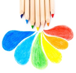 Many different colored Rainbow pencils school supplies  on white background