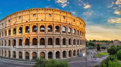 Rome Italy, sunset panorama city skyline at Rome Colosseum