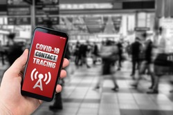 Contact tracing app concept on generic mockup smartphone for Covid-19 pandemic to trace people who have got infected by the virus.